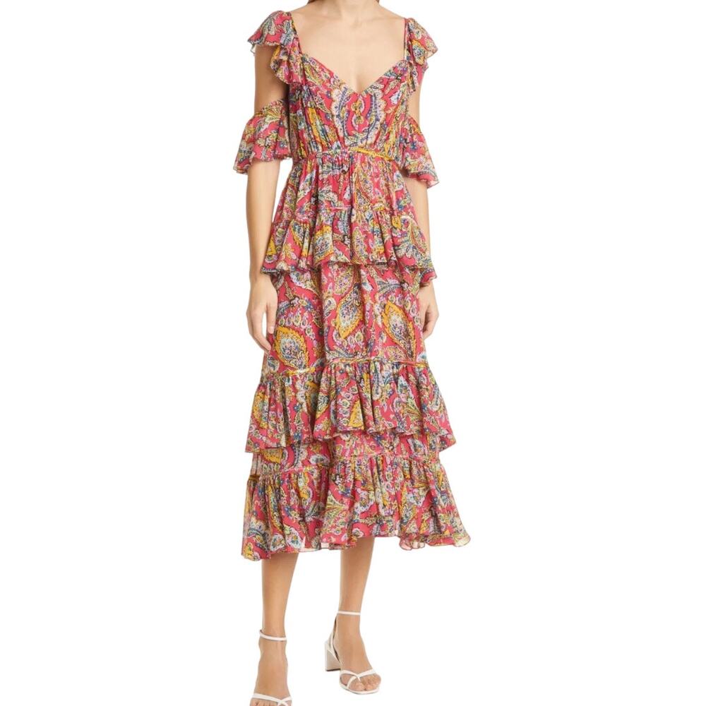 Cinq a Sept Collier Cold Shoulder Pink Ruffle Midi Dress NWT Size 2